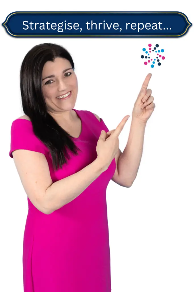 Better Marketing Consultant, Tracy Heatley, pointing to the brand icon, with the words strategise, thrive, repeat above it.