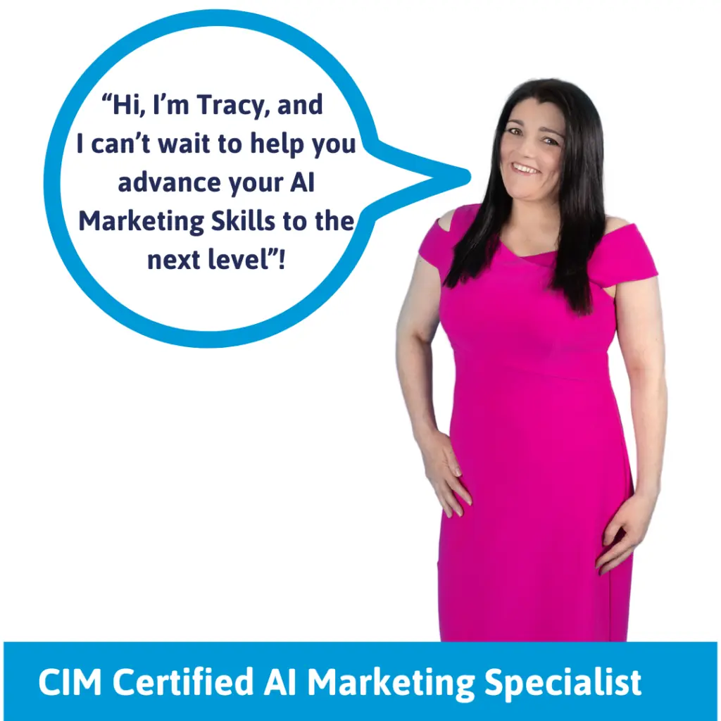 ChatGPT Foundation Online training workshop image of Tracy Heatley with a speech bubble that says, "Hi, I'm Tracy, and I can't wait to help you advance your AI Marketing Skills to the next level.