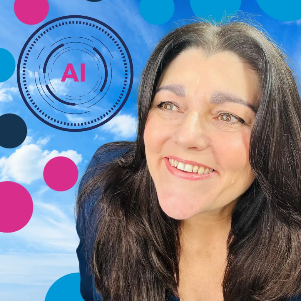 AI Marketing Consultancy image of Tracy Heatley looking to the future of AI complete with a circle that says AI within it and the Better Marketing With Tracy Heatley brand icon placed within the image.