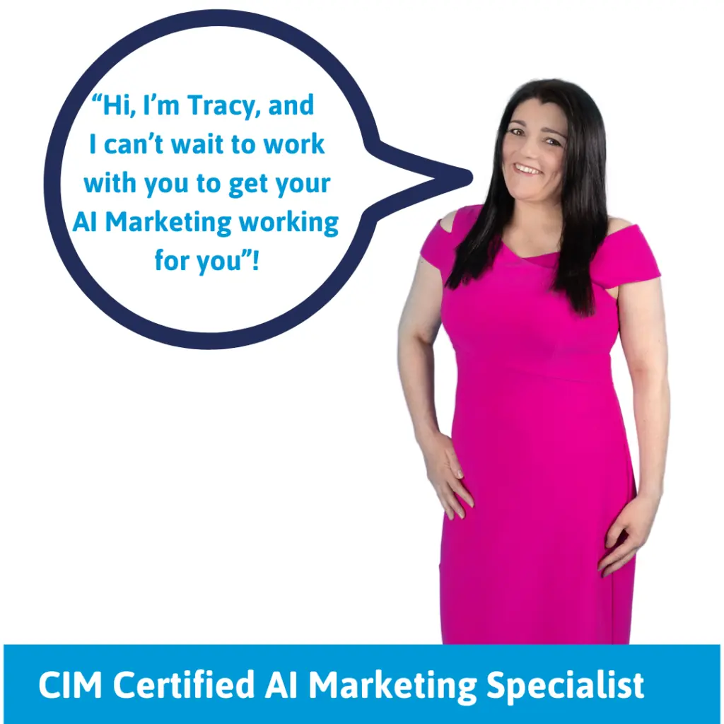 AI Workshops: Image of Tracy Heatley with a speech bubble saying, "Hi, I'm Tracy, and I can't wait to work with you to get your AI Marketing working for you"!