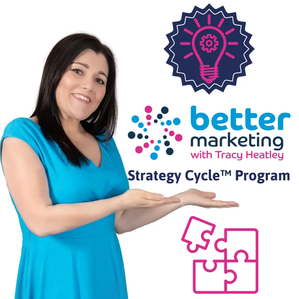 Peronalised Program: Tracy Heatley holding her hands out to the Better Marketing With Tracy Heatley brand, with images of a lighbuld, implying lightbulb moments, and a missing jigsaw piece, implying she is the missing piece to your marketing success.